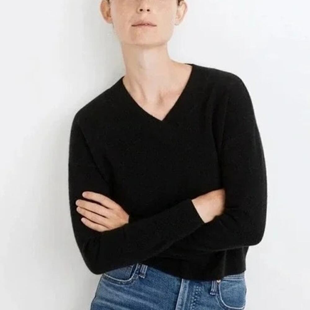 Madewell Sweater Ribbed Cashmere Long Sleeve V-Neck Heather Asphalt Black NWT XS